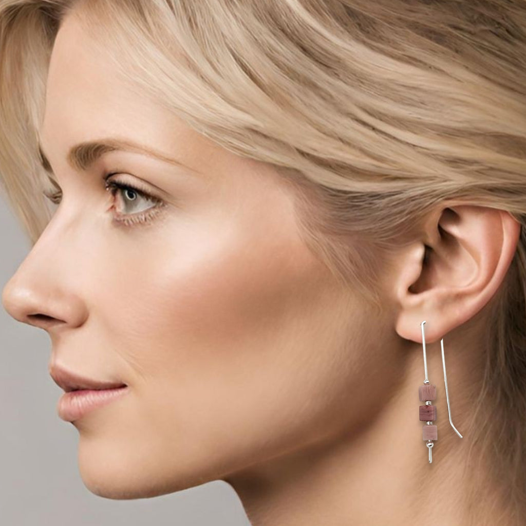 Silver Threaders with Pink Rhodonite Cubes Earrings Bijou by SAM
