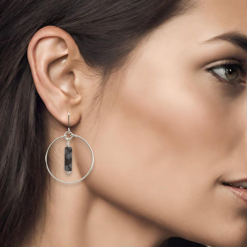 Mystique - Silver Hoops with Snowflake Obsidian Earrings Bijou by SAM