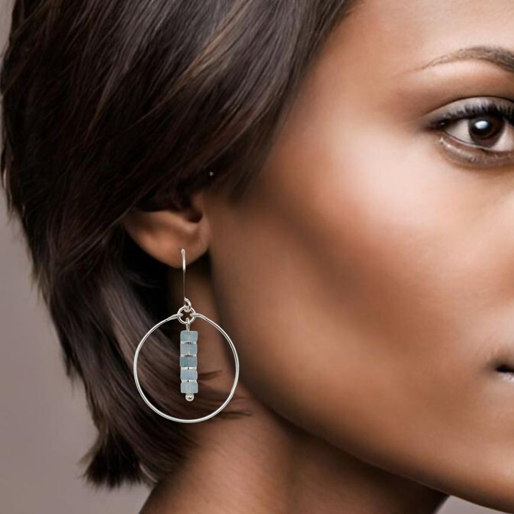 Boho - Silver Hoops with Aquamarine Dangle Earrings Bijou by SAM