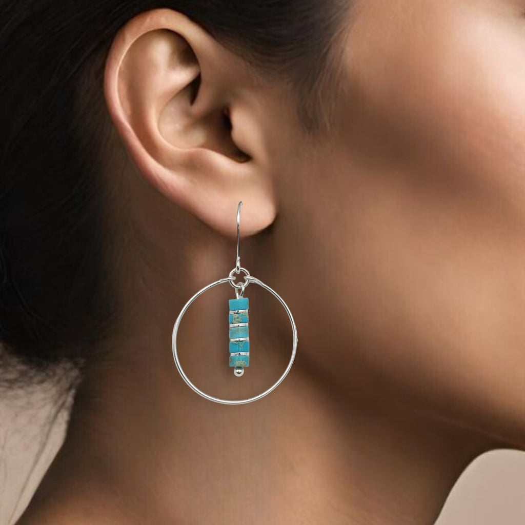 Boho - Silver Hoops with Turquoise Dangle Earrings Bijou by SAM