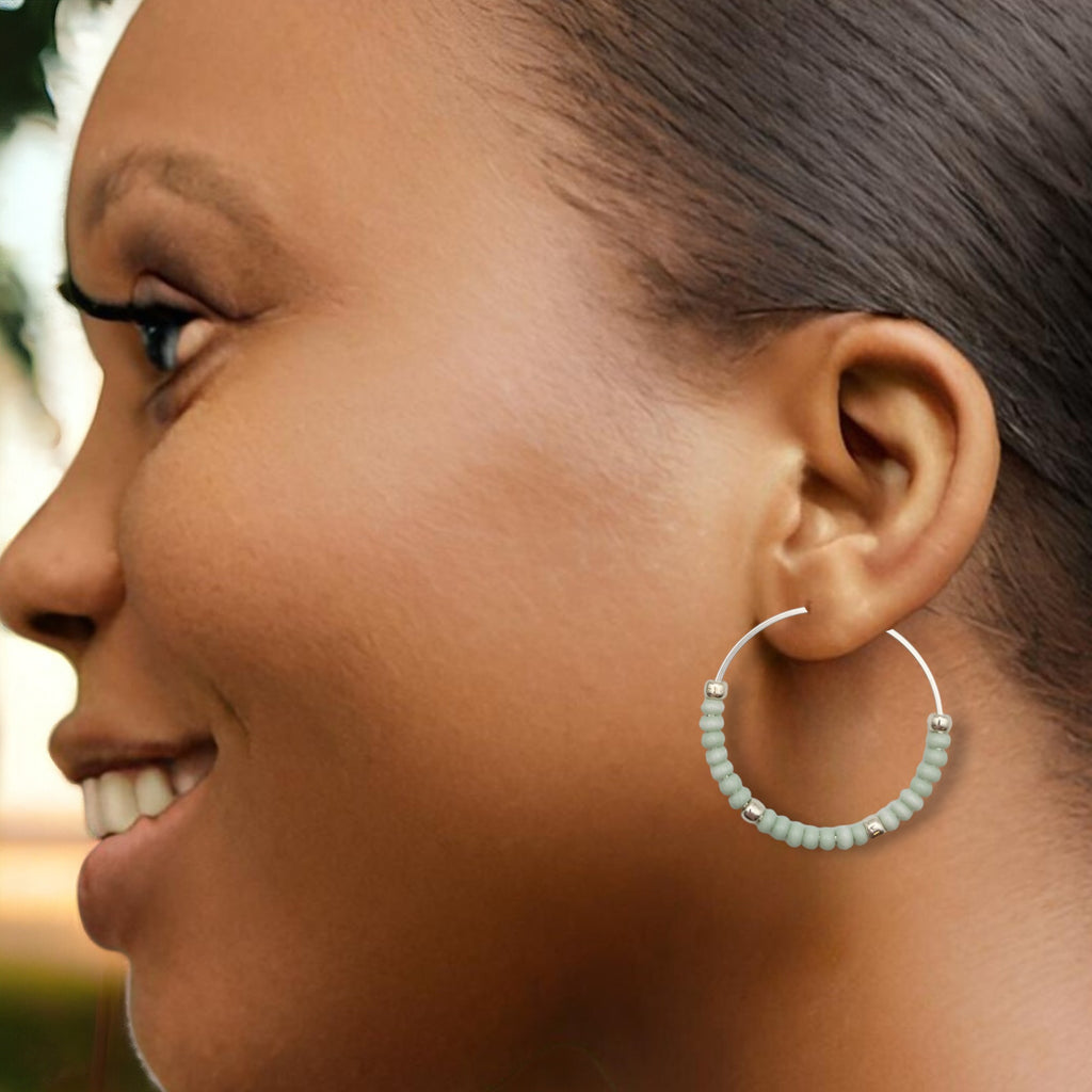Boho - Silver & Pale Mint Green Hoops Earrings Bijou by SAM