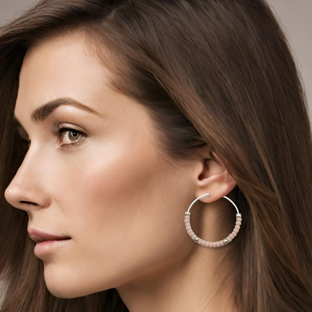 Boho - Silver Hoops with Pale Pink Beads Earrings Bijou by SAM