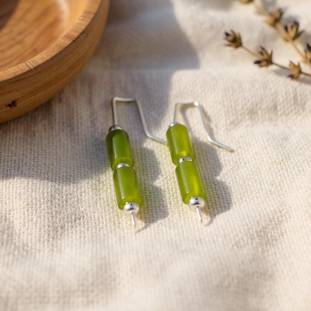 Sea Glass - Silver and Lime Green Sea Glass Threaders Earrings Bijou by SAM