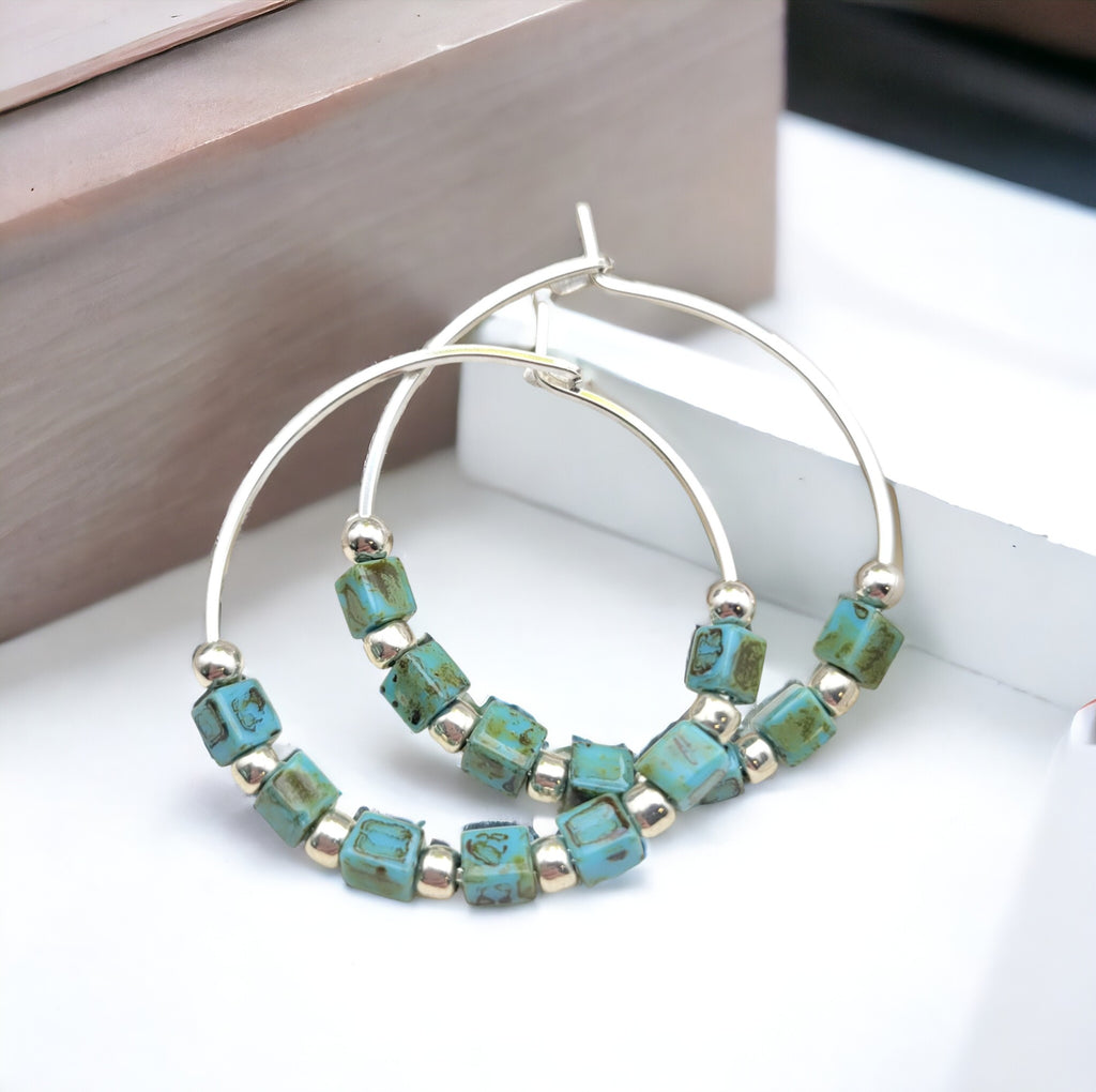 Boho - Silver & Turquoise Hoops Earrings Etsy