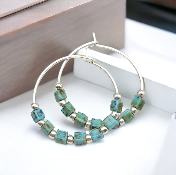 Boho - Silver & Turquoise Hoops Earrings Etsy