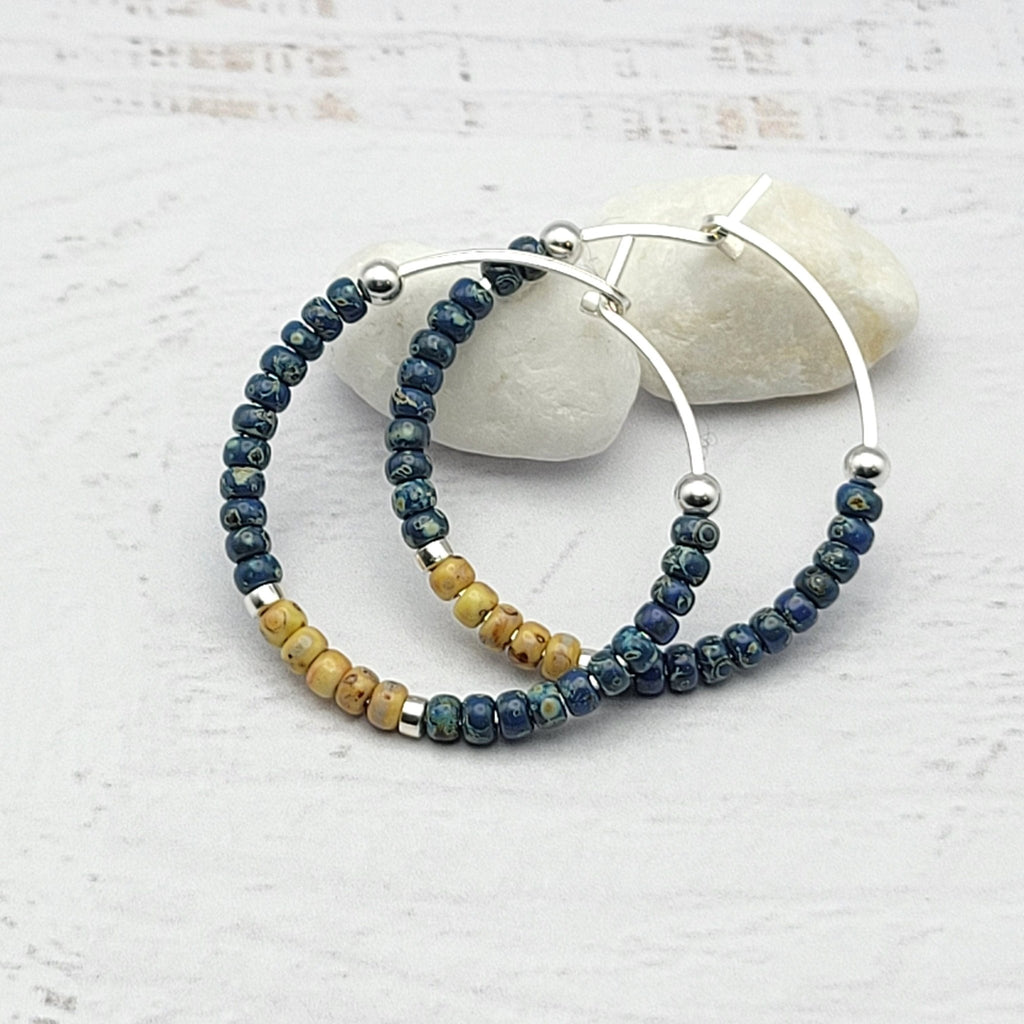 Boho - Blue & Silver Beaded Hoop Earrings Earrings Bijou by SAM