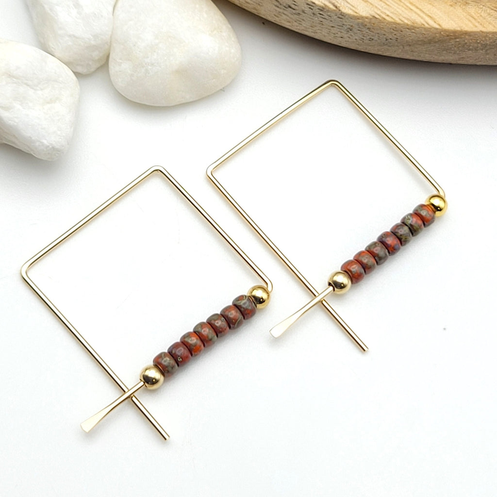 Gold Square Hoop Earrings with Dark Red Miyuki Seed Beads Earrings Bijou by SAM