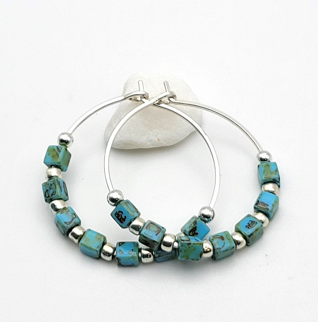 Boho - Silver & Turquoise Hoops Earrings Etsy