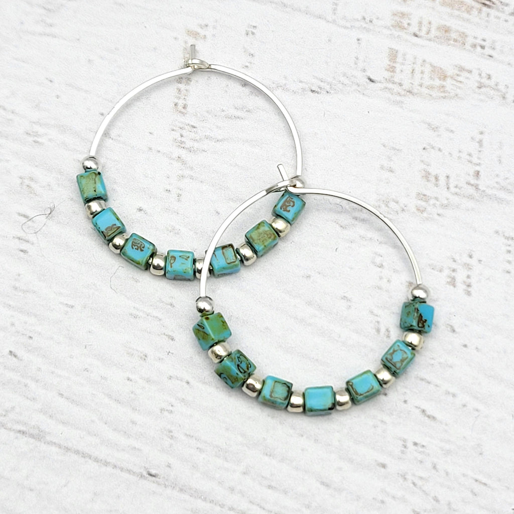 Boho - Silver & Turquoise Hoops Earrings Etsy