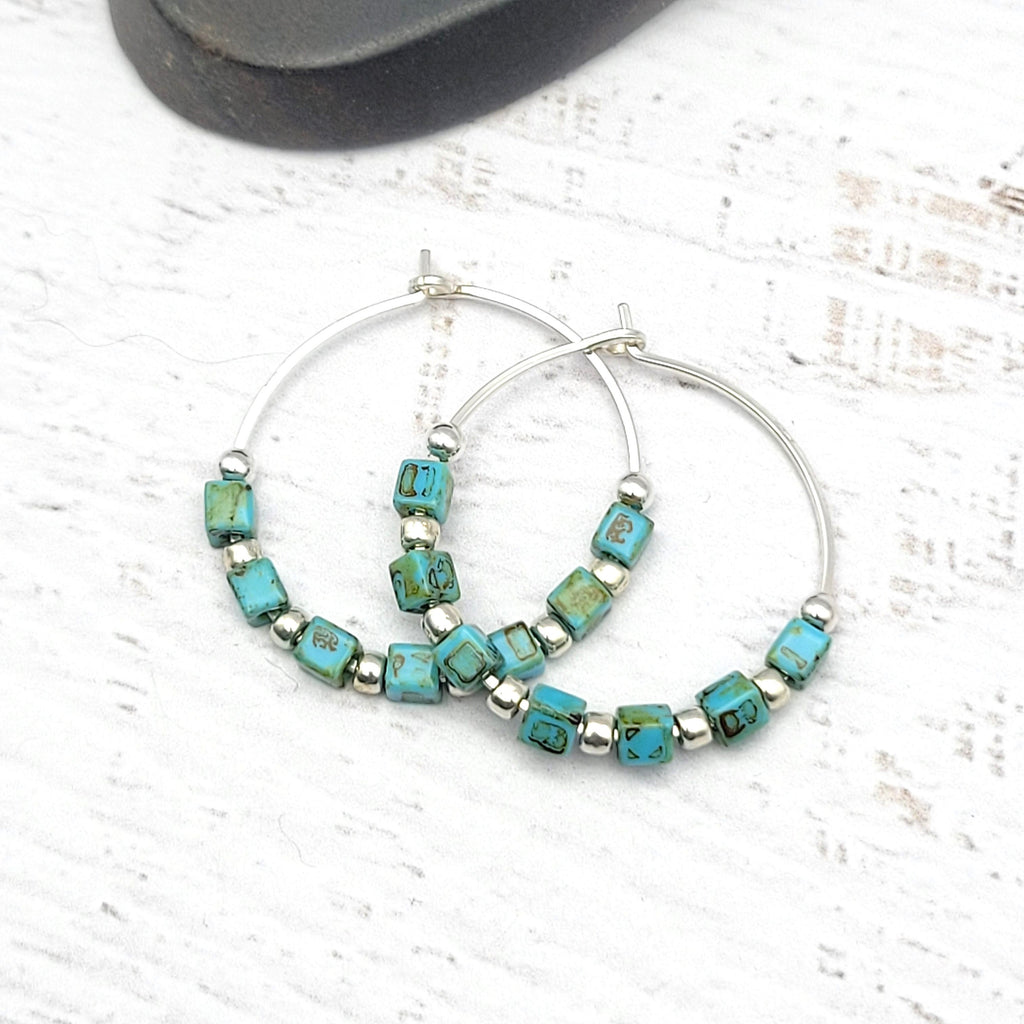 Boho - Silver & Turquoise Hoops Earrings Etsy