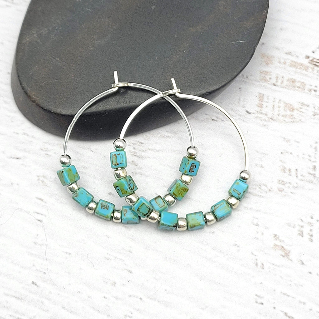 Boho - Silver & Turquoise Hoops Earrings Etsy