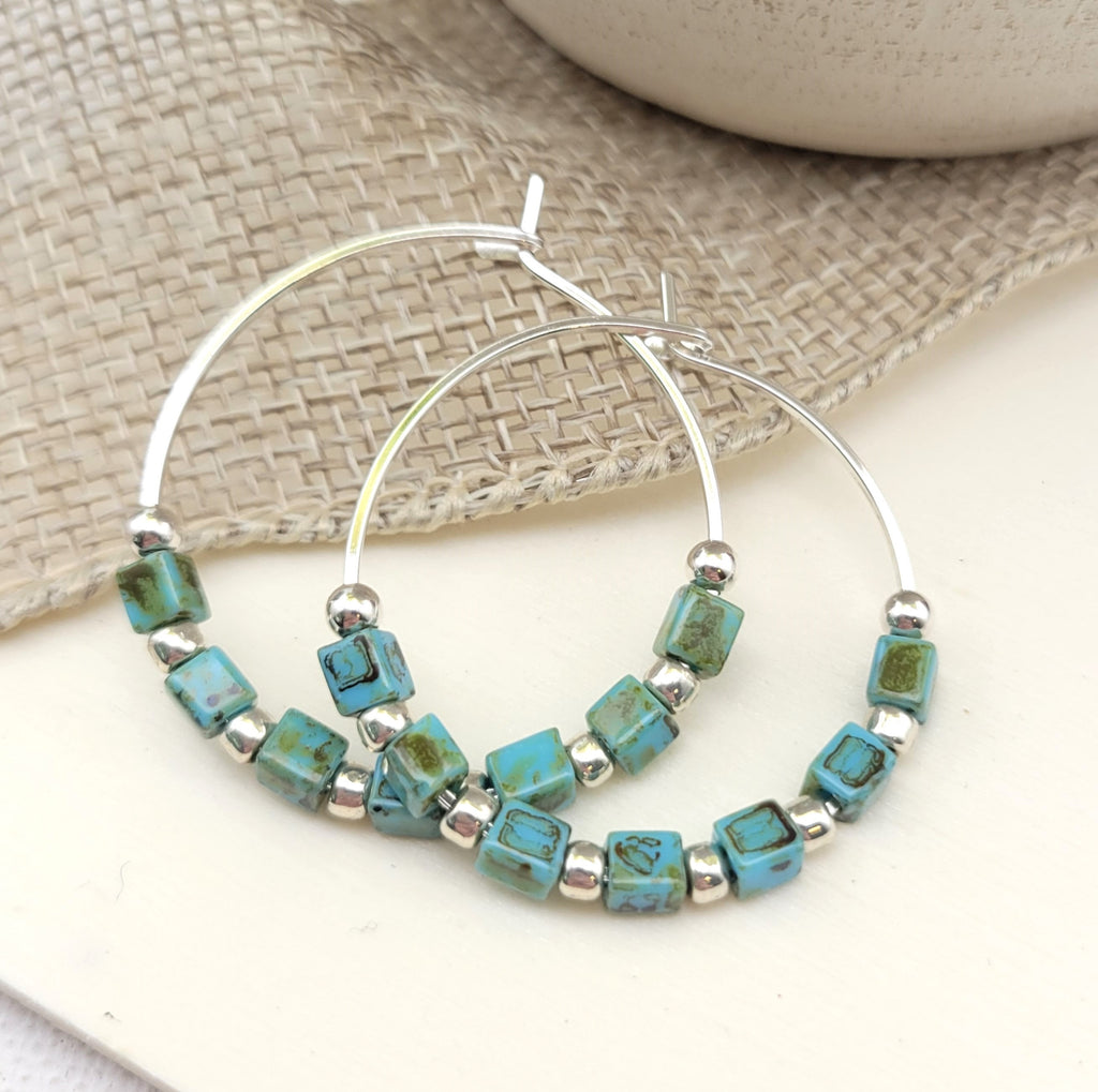 Boho - Silver & Turquoise Hoops Earrings Etsy
