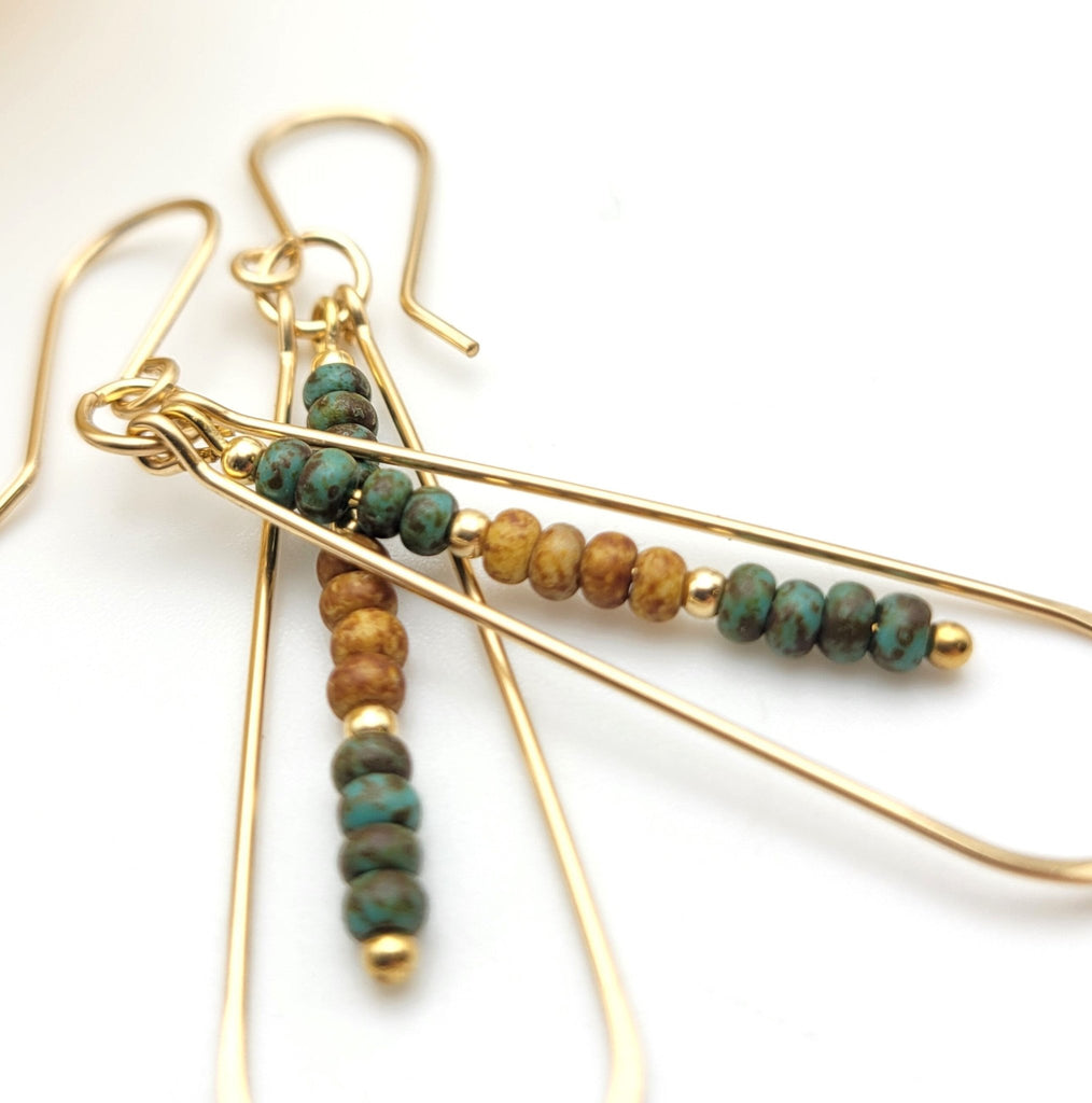 Harley Long Gold Hoops with Green and Tan Beads Earrings Bijou by SAM