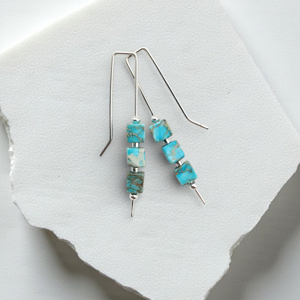 Cube - Turquoise & Silver Threaders Earrings Bijou by SAM
