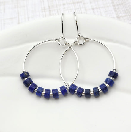 Boho - Silver Hoops with Lapis Lazuli Earrings Bijou by SAM   