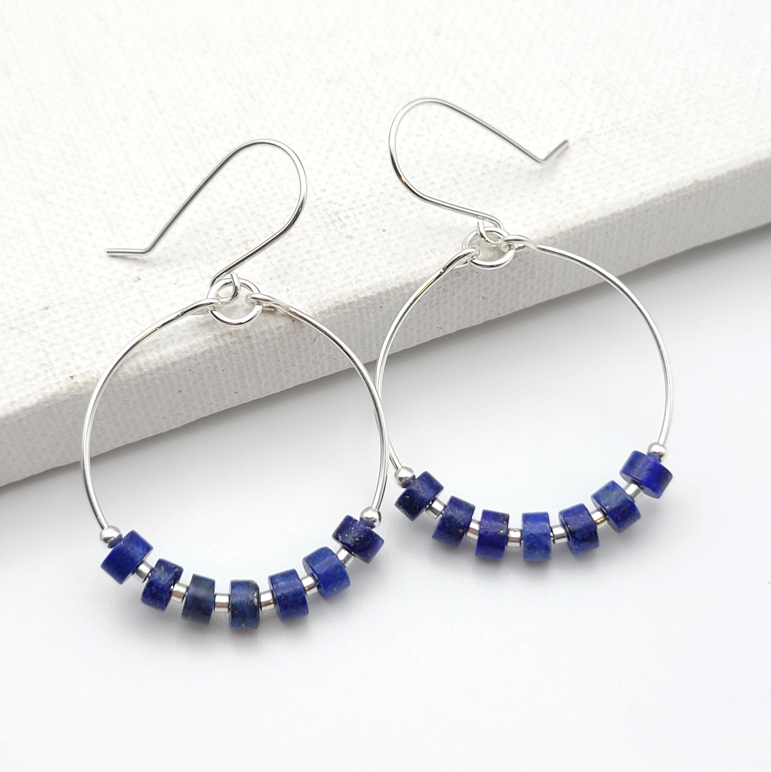 Boho - Silver Hoops with Lapis Lazuli Earrings Bijou by SAM   