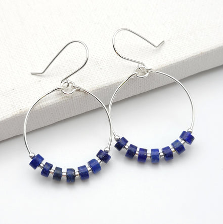 Boho - Silver Hoops with Lapis Lazuli Earrings Bijou by SAM   