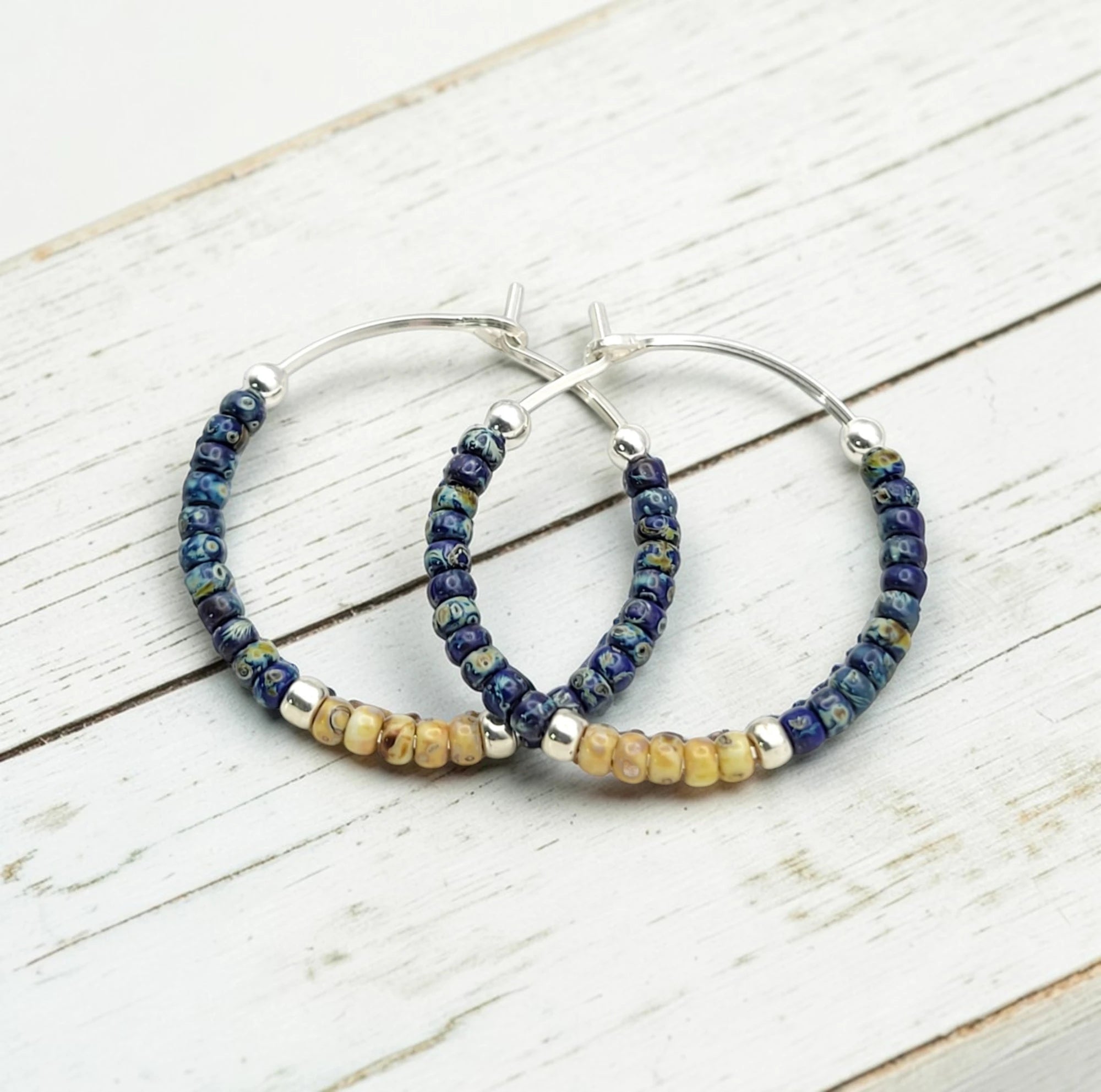 Boho - Blue & Silver Beaded Hoop Earrings