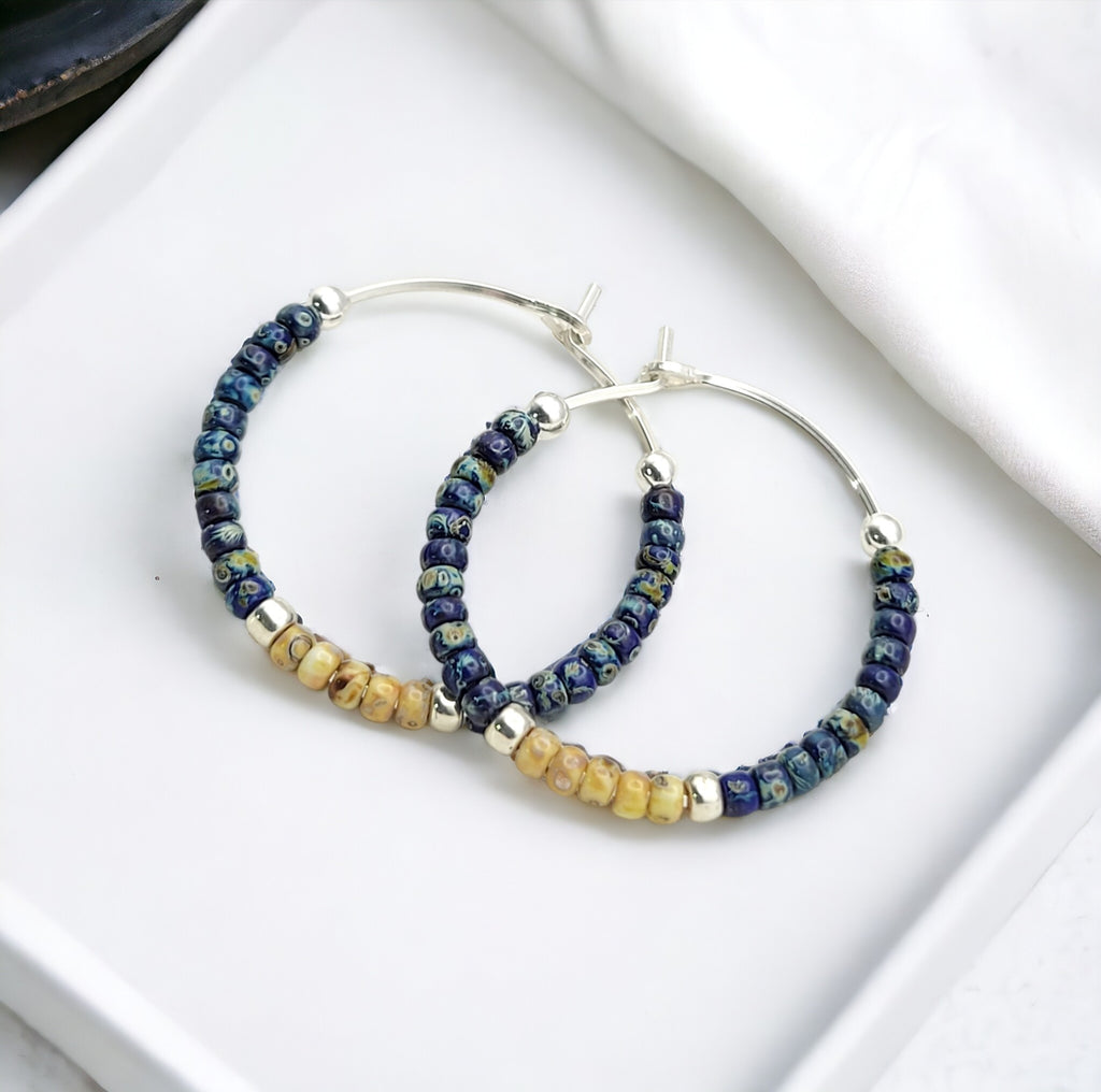 Boho - Blue & Silver Beaded Hoop Earrings Earrings Bijou by SAM   