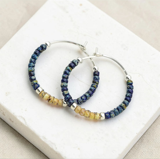 Boho - Blue & Silver Beaded Hoop Earrings