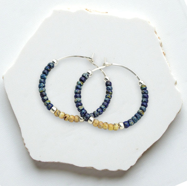 Boho - Blue & Silver Beaded Hoop Earrings Earrings Bijou by SAM
