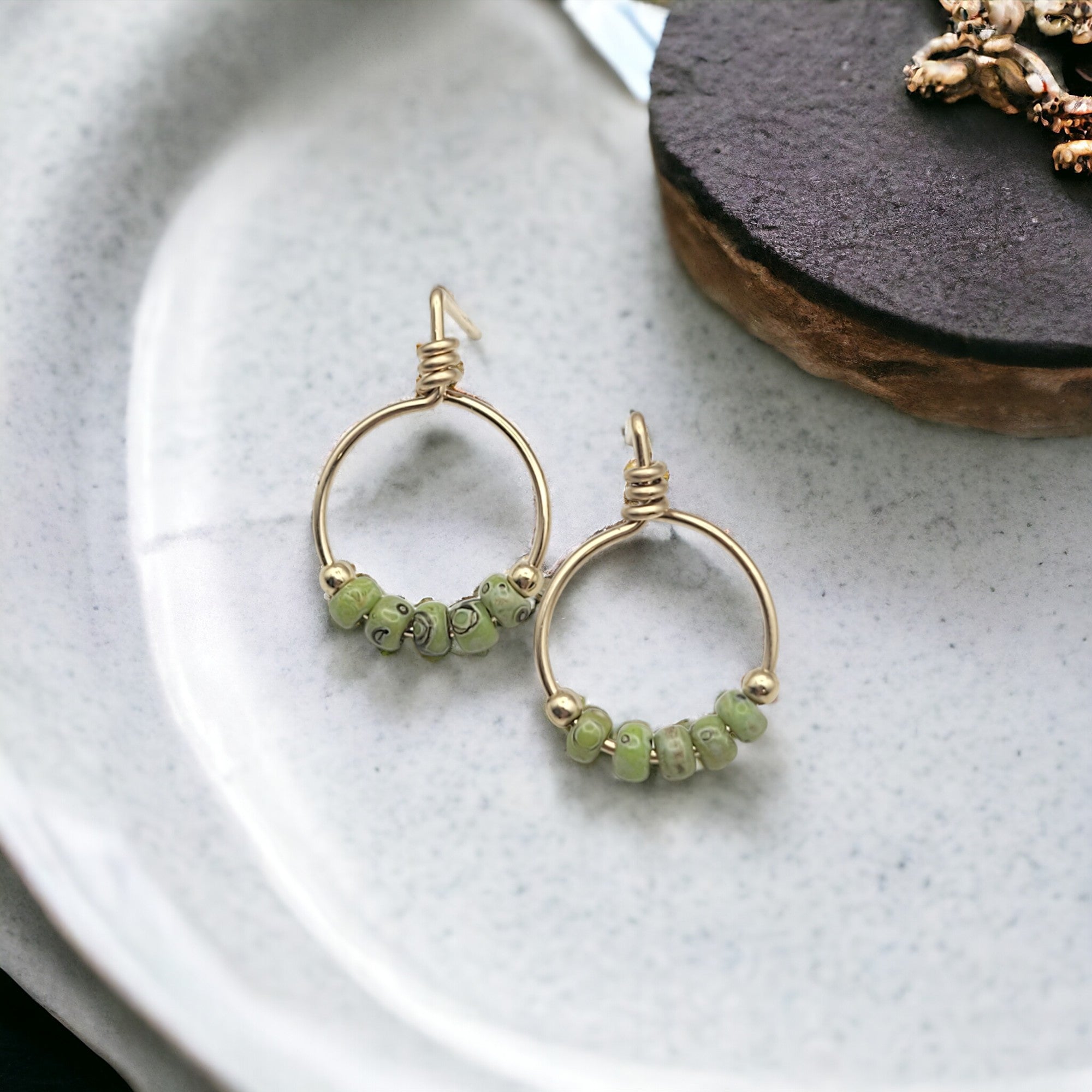 Aiden - Gold & Green Beaded Hoops Earrings Bijou by SAM   