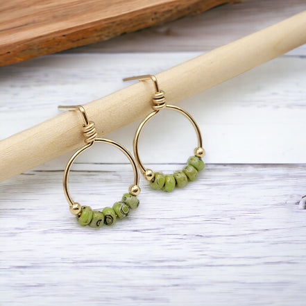 Aiden - Gold & Green Beaded Hoops Earrings Bijou by SAM   