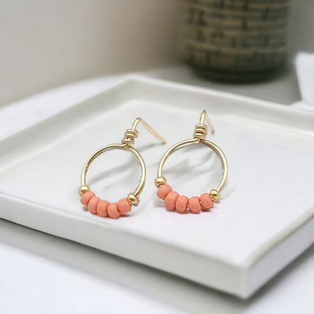 Aiden - Gold & Coral Beaded Hoops Earrings Bijou by SAM   