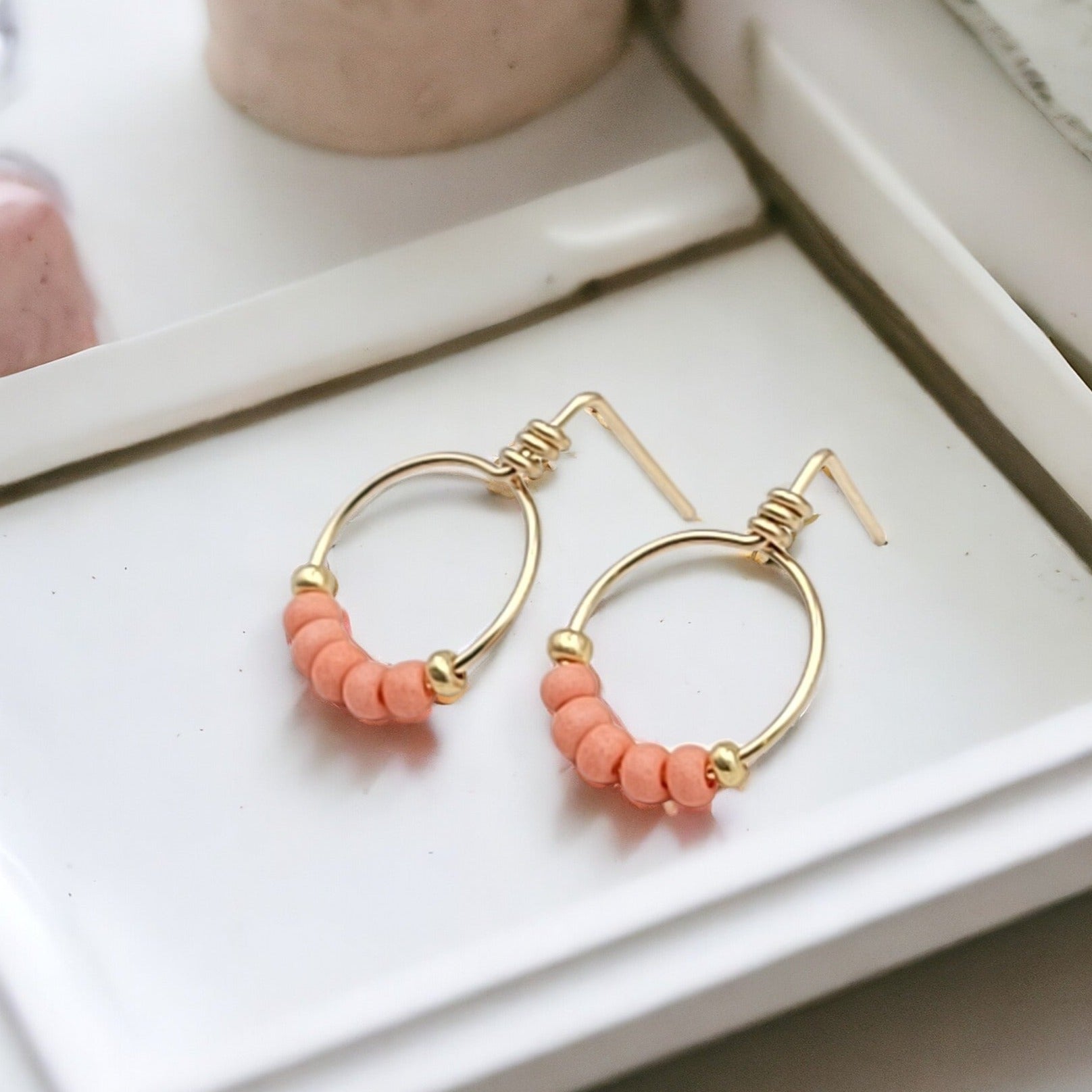 Aiden - Gold & Coral Beaded Hoops Earrings Bijou by SAM   