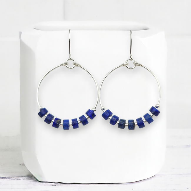 Boho - Silver Hoops with Lapis Lazuli Earrings Bijou by SAM Sterling Silver