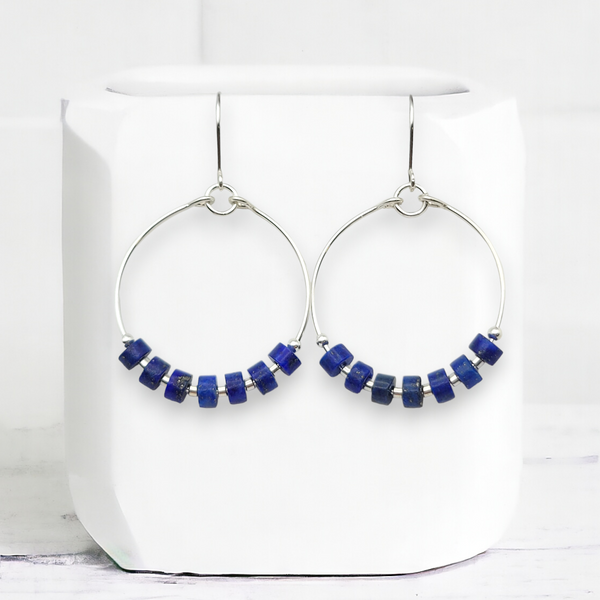 Boho - Silver Hoops with Lapis Lazuli Earrings Bijou by SAM   