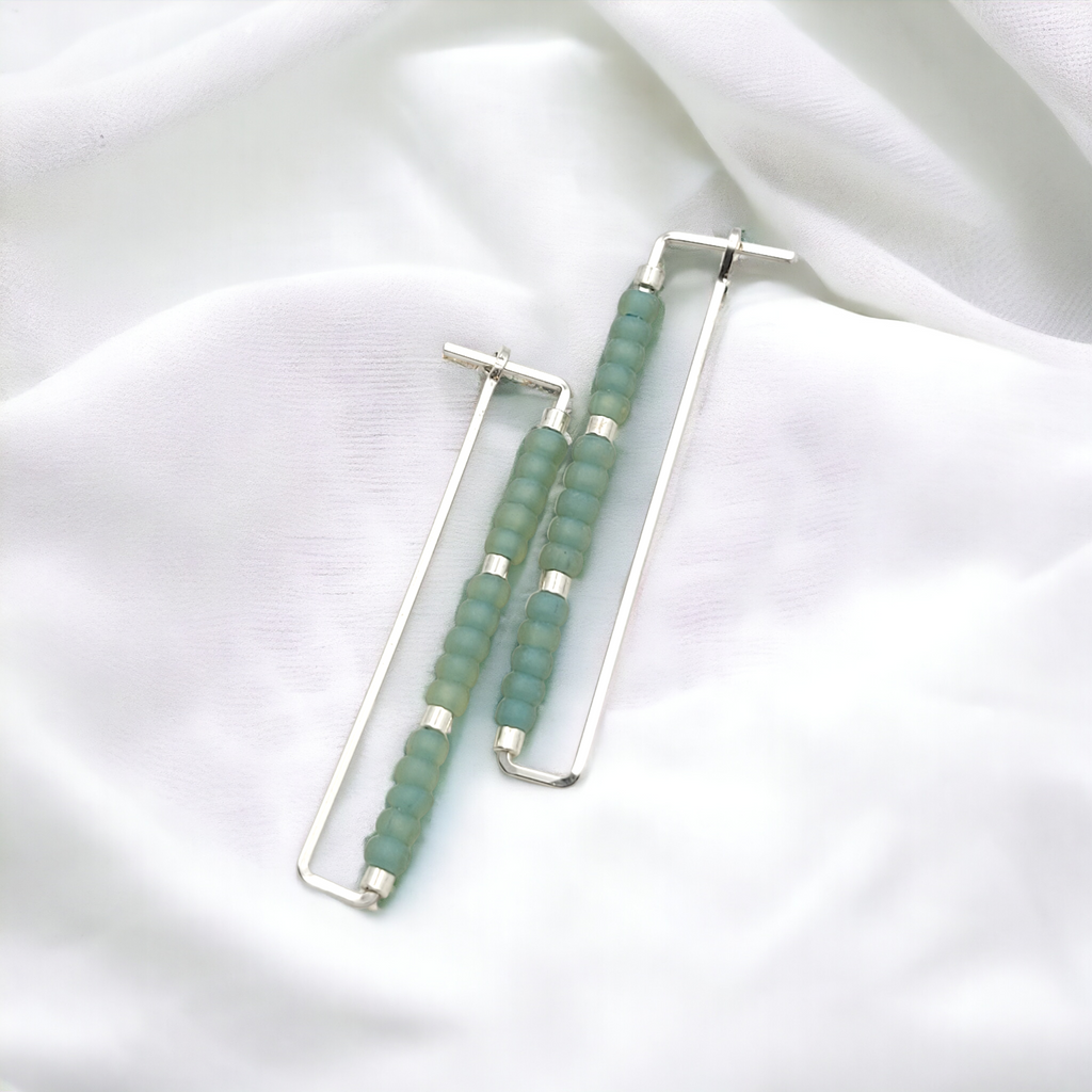 True - Silver & Sea Glass Rectangle Earrings Bijou by SAM   