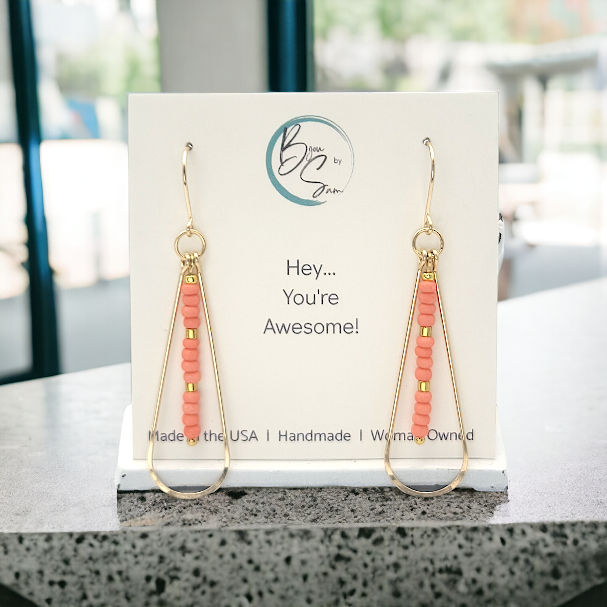 Harley - Gold & Coral Long Hoops Earrings Bijou by SAM   