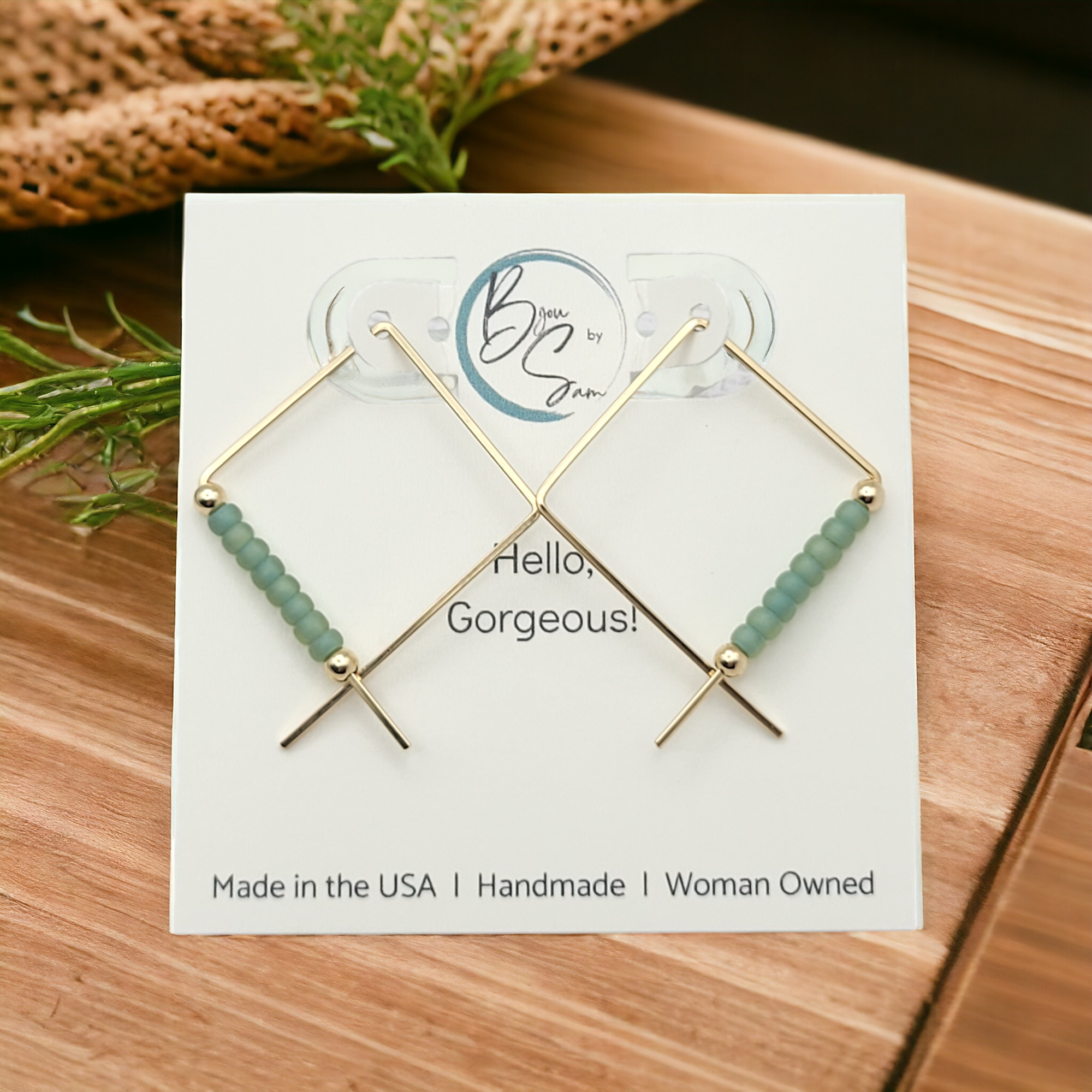 True - Square Gold & Sea Glass Earrings Bijou by SAM   
