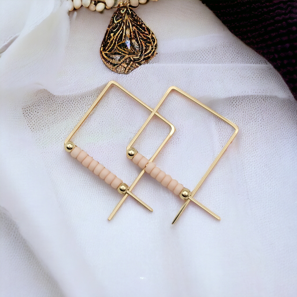 True - Square Gold with Pale Pink Earrings Bijou by SAM   