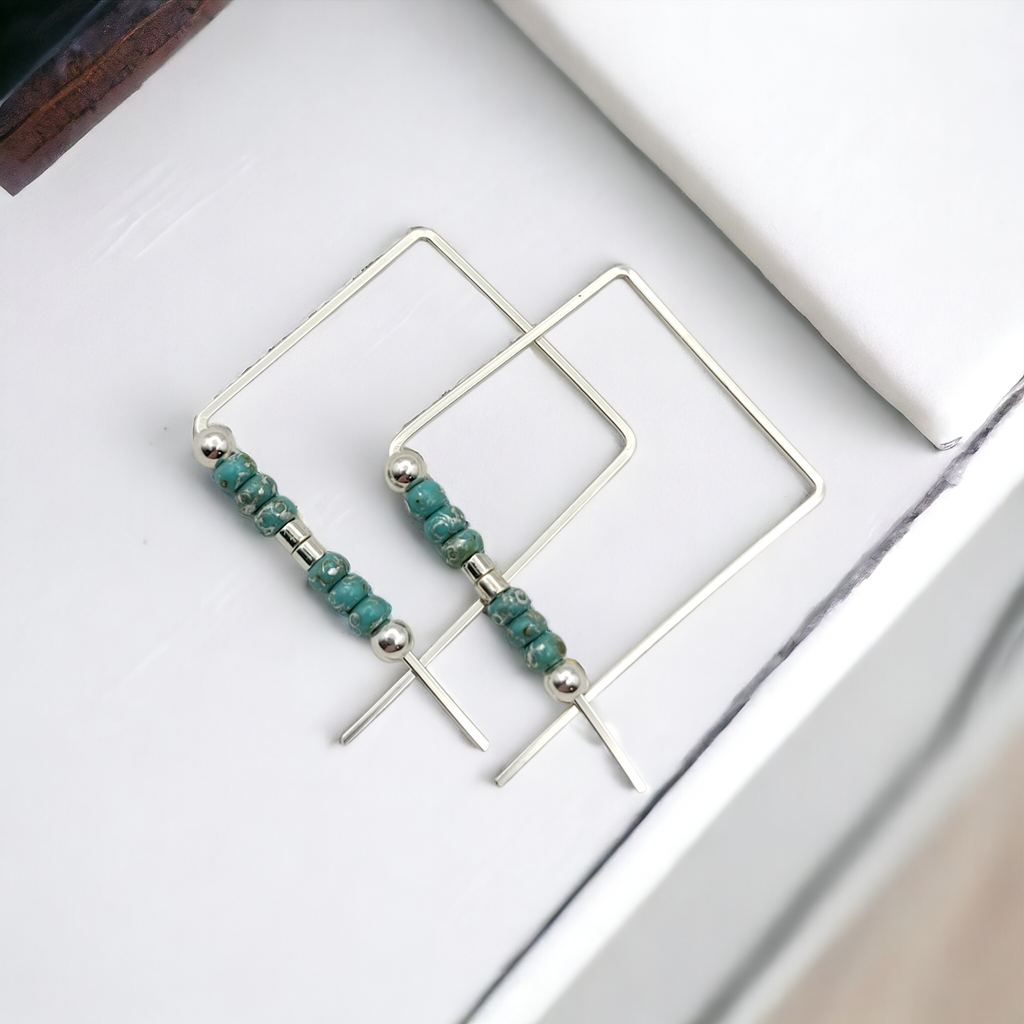 True - Square Silver & Turquoise Earrings Bijou by SAM   
