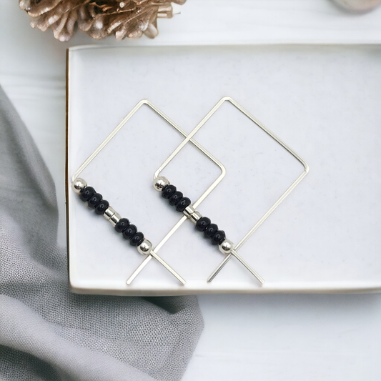 True - Square Silver & Black Earrings Bijou by SAM   