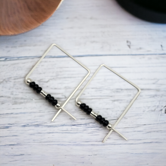 True - Square Silver & Black Earrings Bijou by SAM   