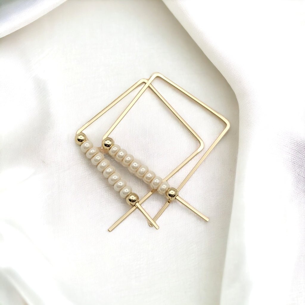 True - Square Gold & Pearl Earrings Bijou by SAM   