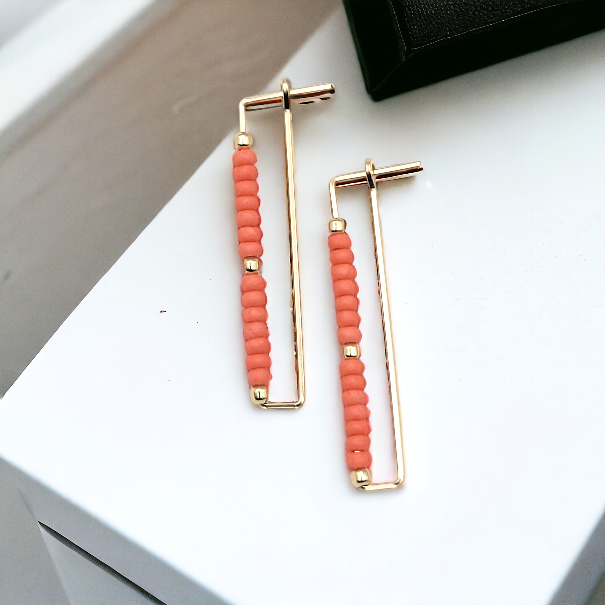 True - Rectangle Gold & Coral Earrings Bijou by SAM   