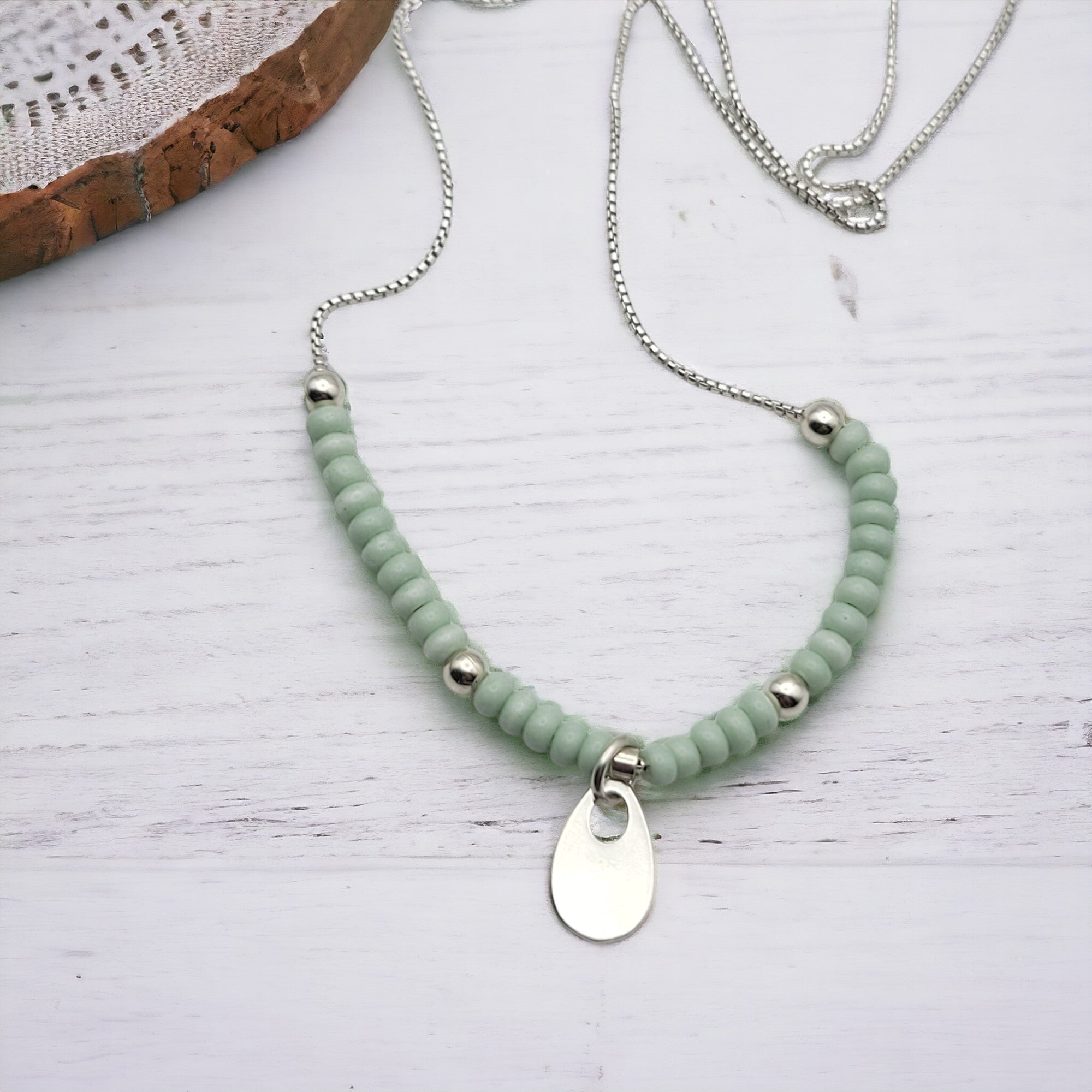 Necklace - Silver & Light Sage Green Necklace Bijou by SAM   