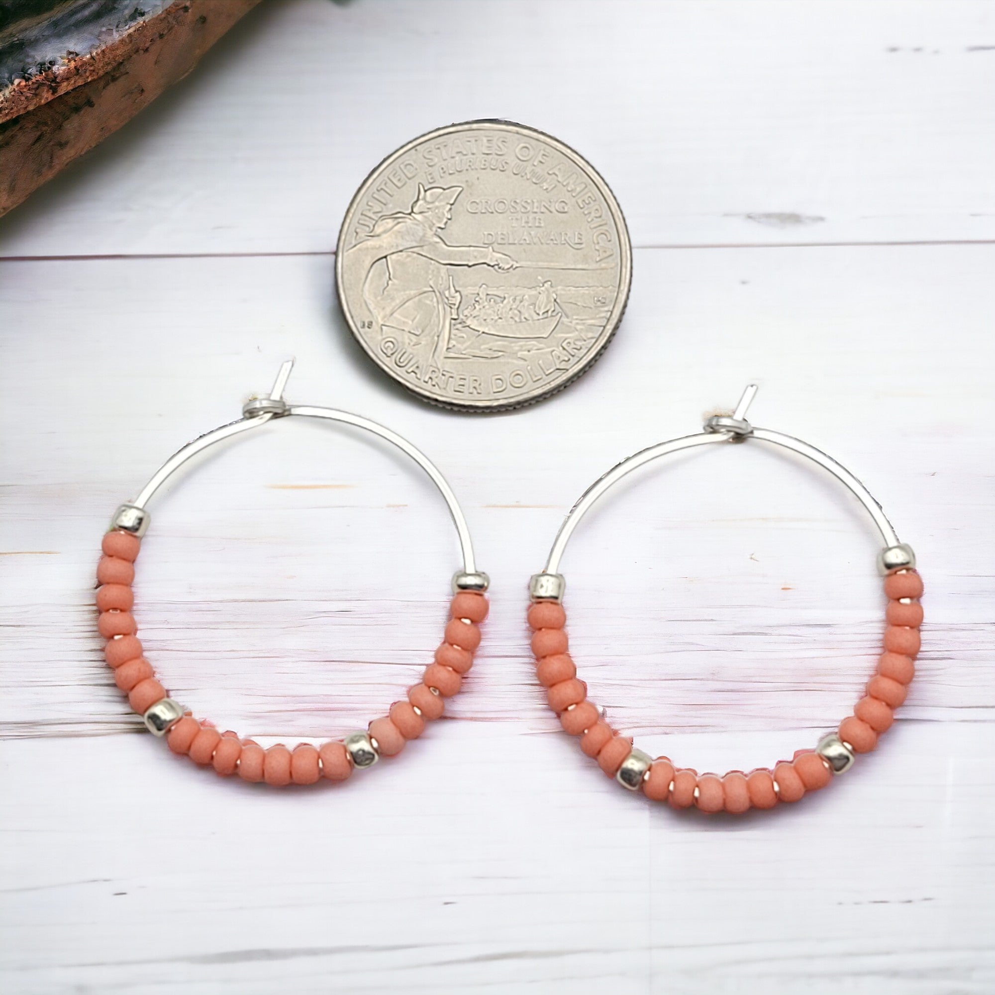 Boho - Silver Hoops with Coral Beads Earrings Bijou by SAM   