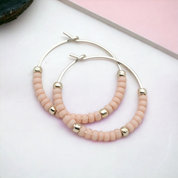 Boho - Silver Hoops with Pale Pink Beads Earrings Bijou by SAM   