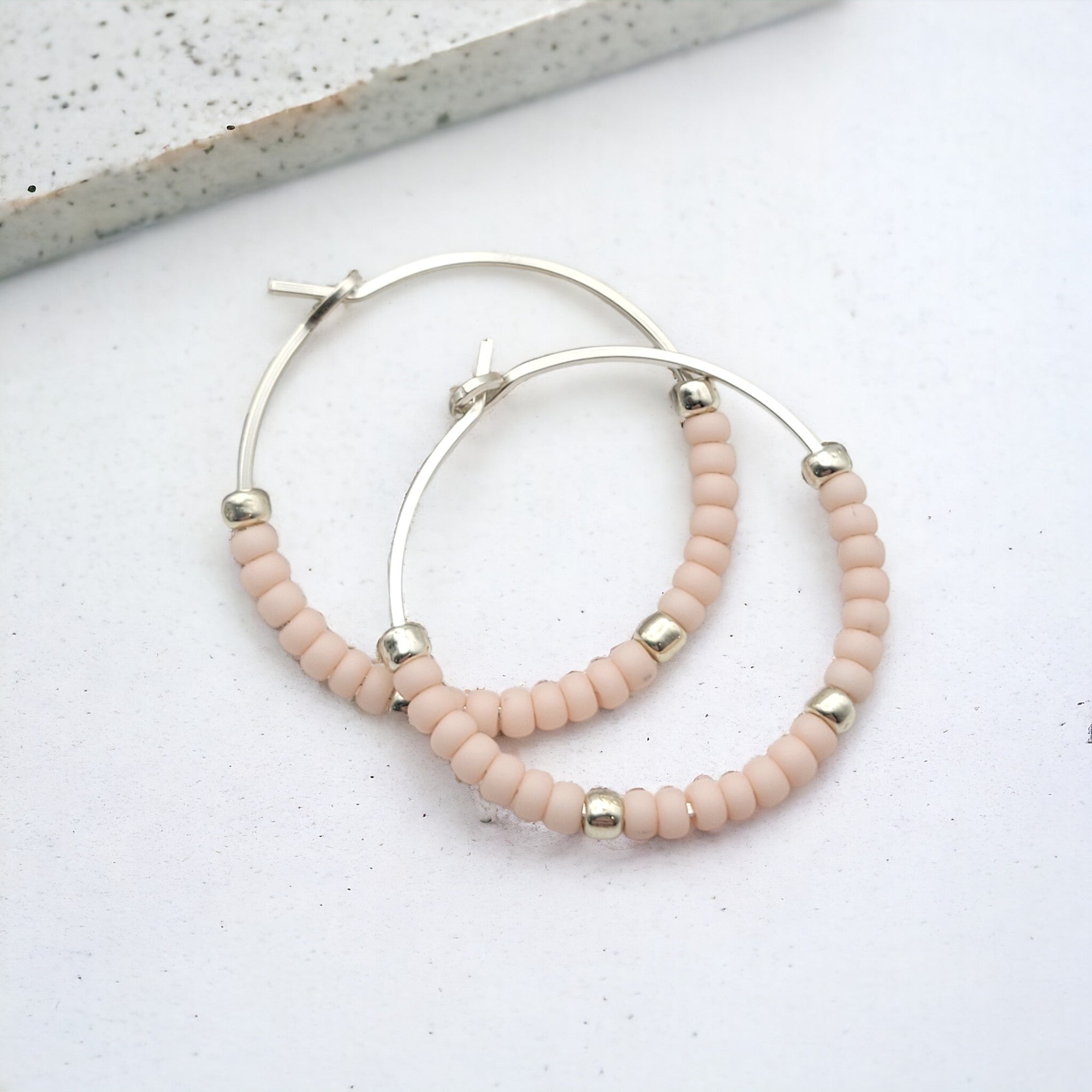 Boho - Silver Hoops with Pale Pink Beads Earrings Bijou by SAM   