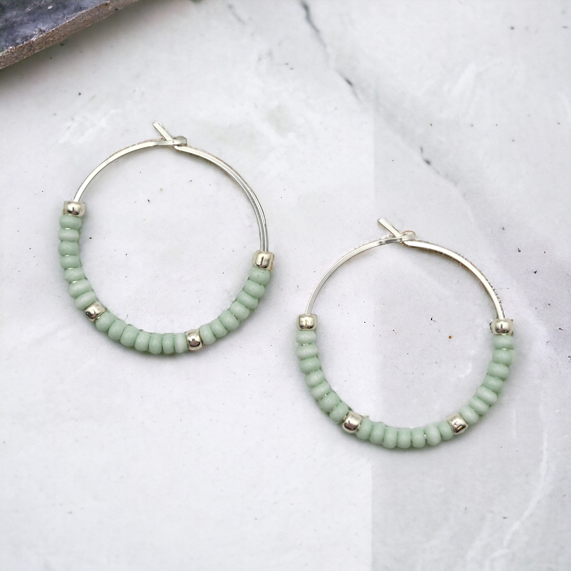 Boho - Silver & Pale Mint Green Hoops Earrings Bijou by SAM   