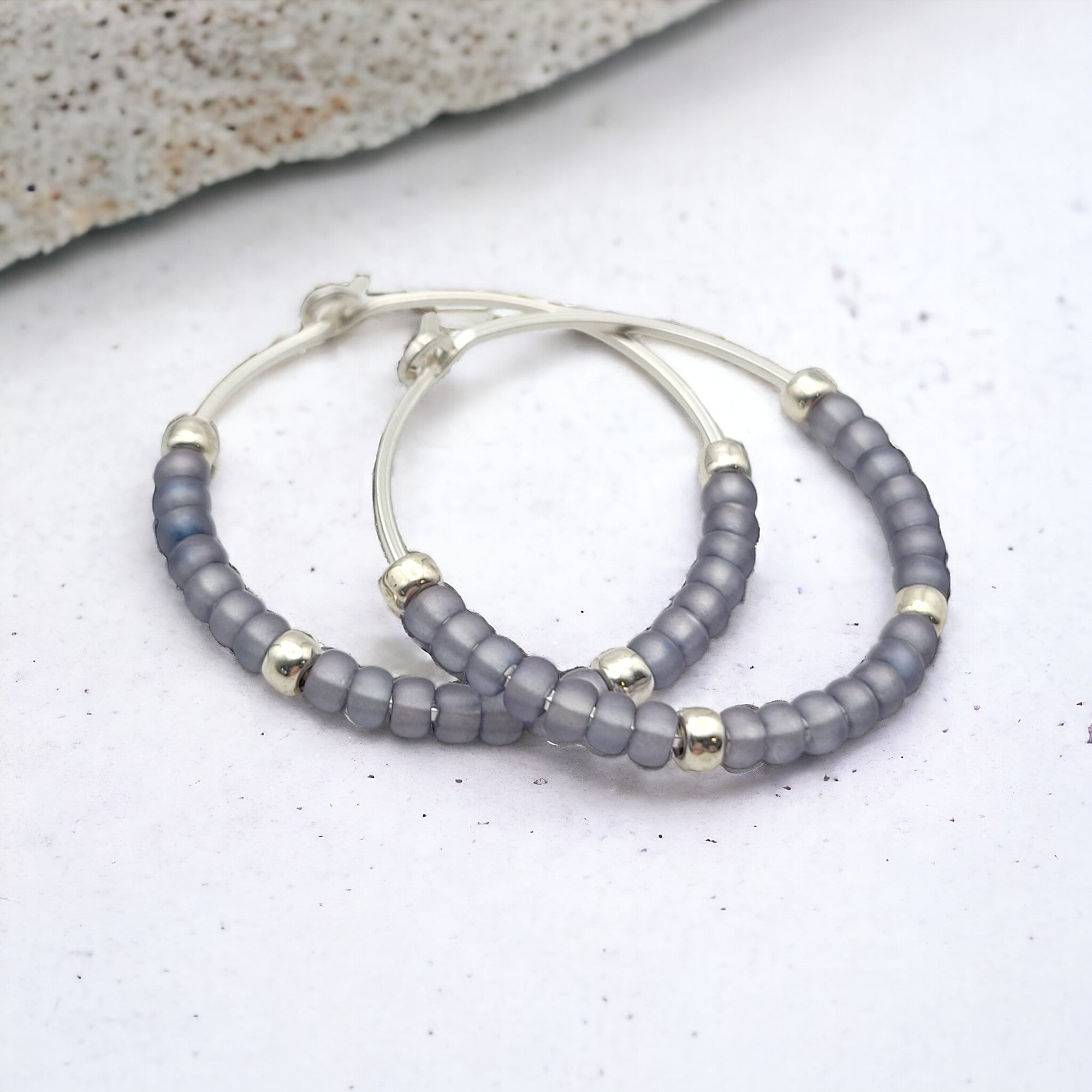 Boho - Silver & Purple Seed Bead Hoops Earrings Bijou by SAM   