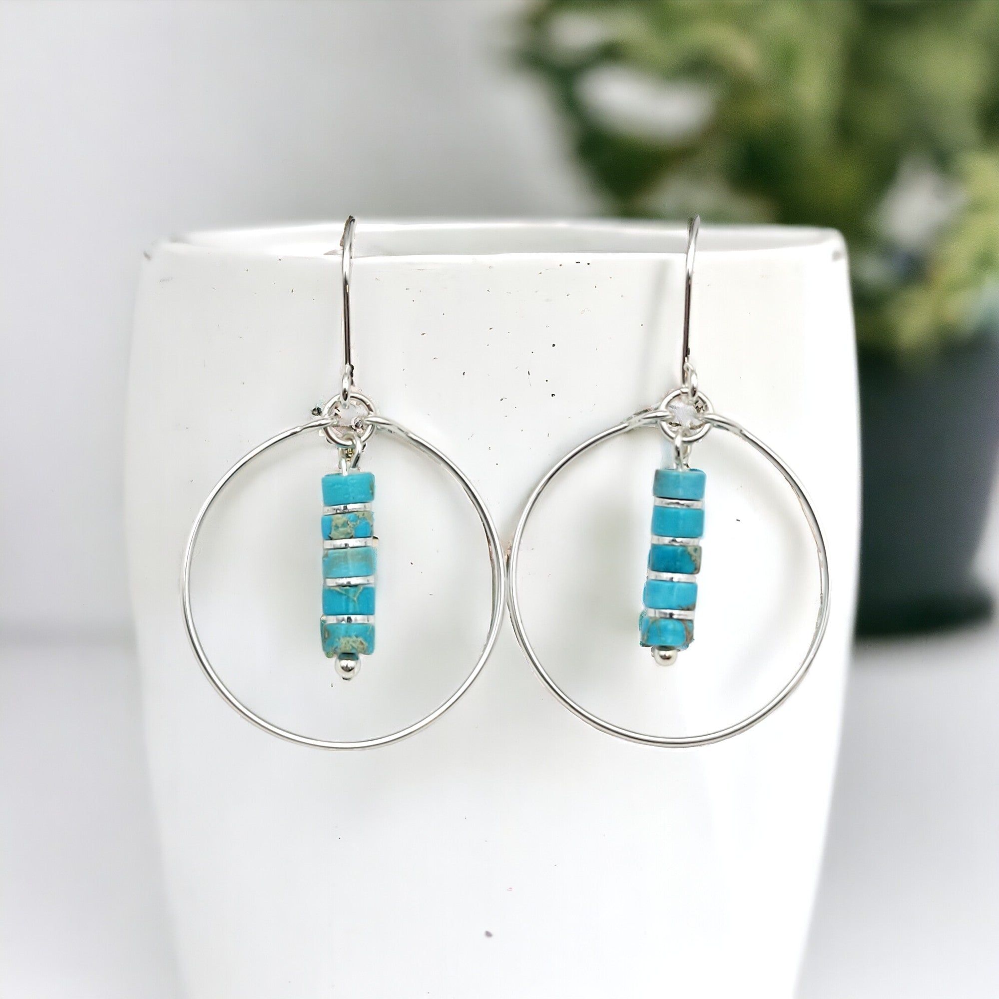 Boho - Silver Hoops with Turquoise Dangle Earrings Bijou by SAM Sterling Silver