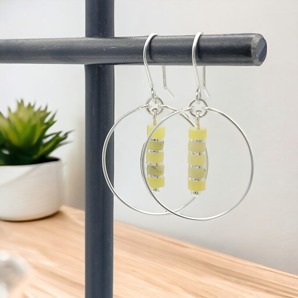 Boho - Silver Hoop with Lemon Yellow Jade Earrings Bijou by SAM   