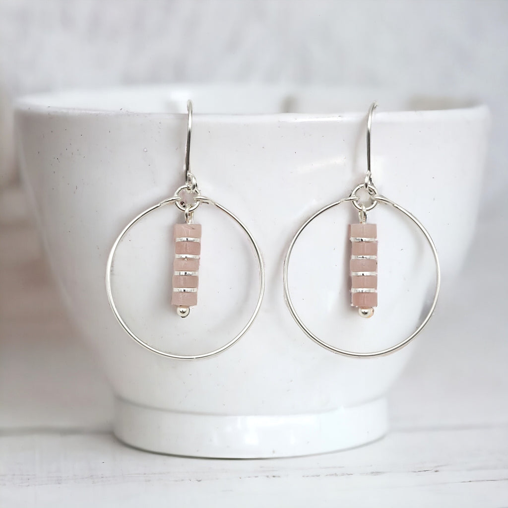 Boho - Silver Hoop Earrings with Pink Opal Earrings Bijou by SAM   