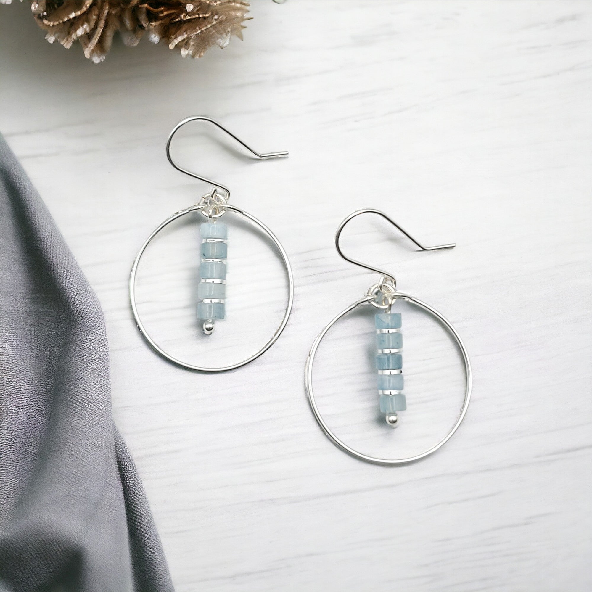 Boho - Silver Hoops with Aquamarine Dangle Earrings Bijou by SAM   